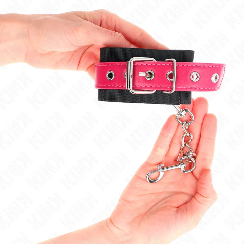 Kink - Nylon Wrist Restraints Black With Leatherette Belt Raspberry Rose Adjustable 19-29 2