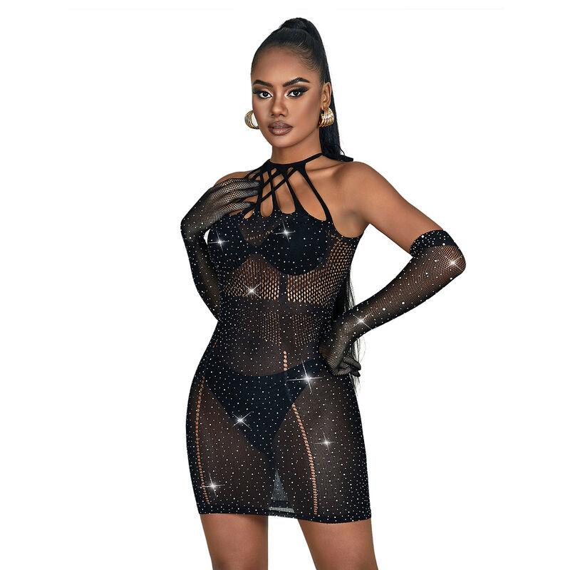 Subblime - 952235 fishnet bodystocking with rhinestones and black gloves one size