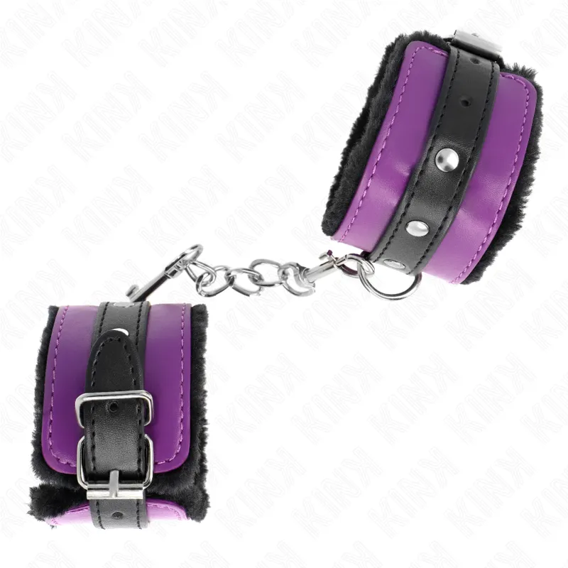 Kink - Premium Fur Lined Wrist Restraints Black With Purple / Black Belt Adjustable 17-29