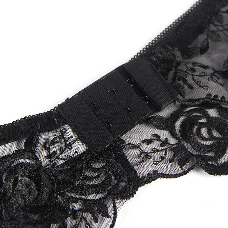 Subblime - set of 3 pieces bra + thong + garter floral print black s/m