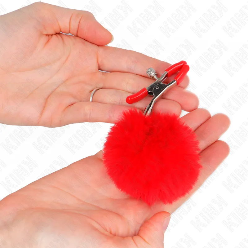 Kink - Faux Fur Ball Nipple Clamp Red 6 Cm 2
