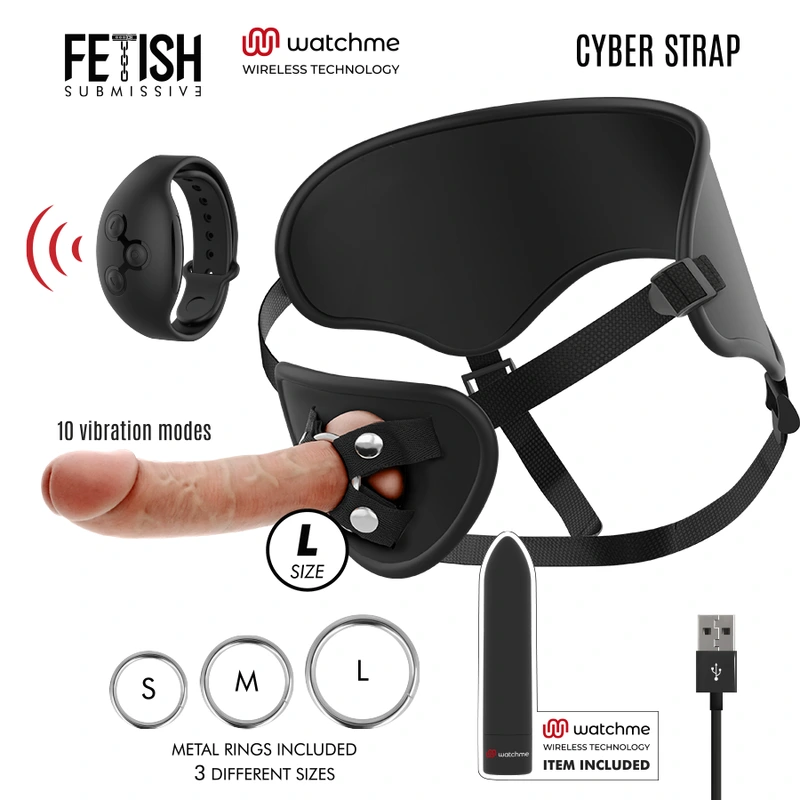 Fetish submissive cyber strap - harness with dildo and bullet remote control watchme l technology