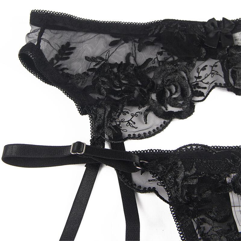 Subblime - set of 3 pieces bra + thong + garter floral print black s/m