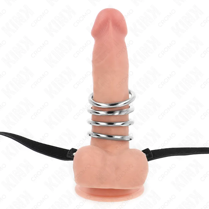 Kink - 5 penis rings 3.8 cm to 5 cm metal with leather belt 112 cm