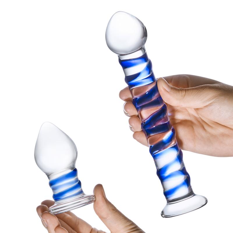 Glas - Double Penetration Glass Swirly Dildo & Butt Plug Set - Sklenené Dildo