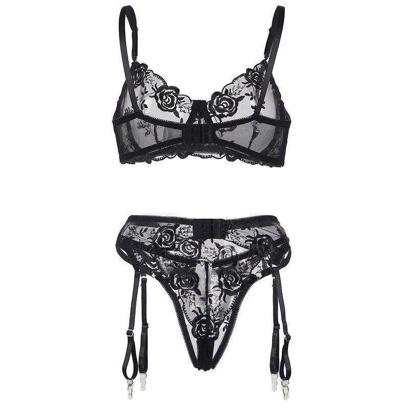 Subblime - set of 3 pieces bra + thong + garter floral print black s/m