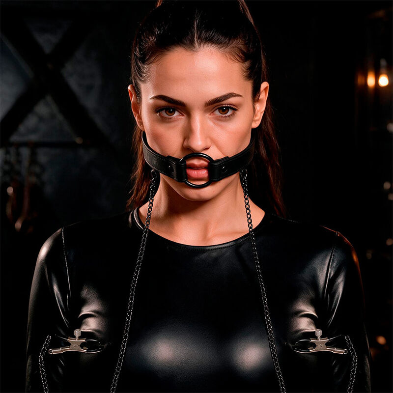 Fetish submissive - gag ring with nipple clamps 8