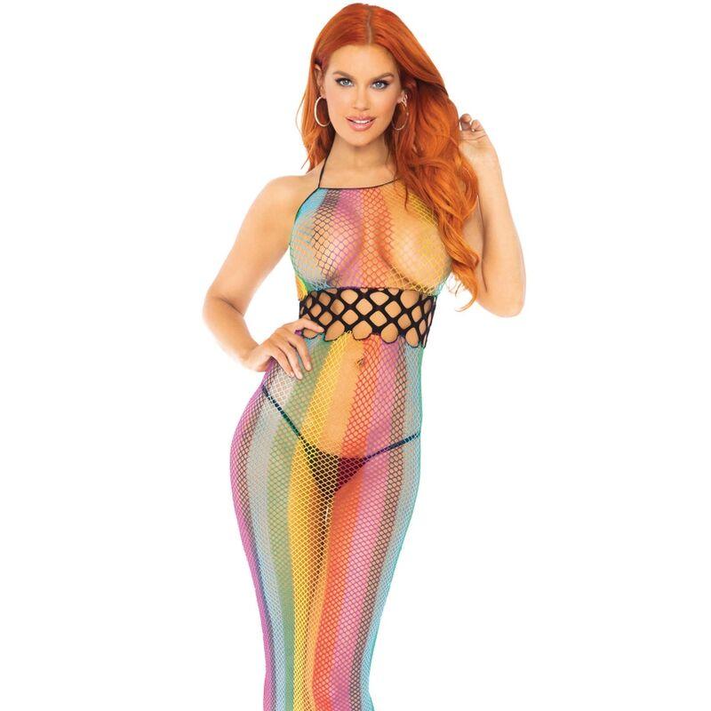 Leg Avenue Long Halter Net Dress One Size - Rainbow