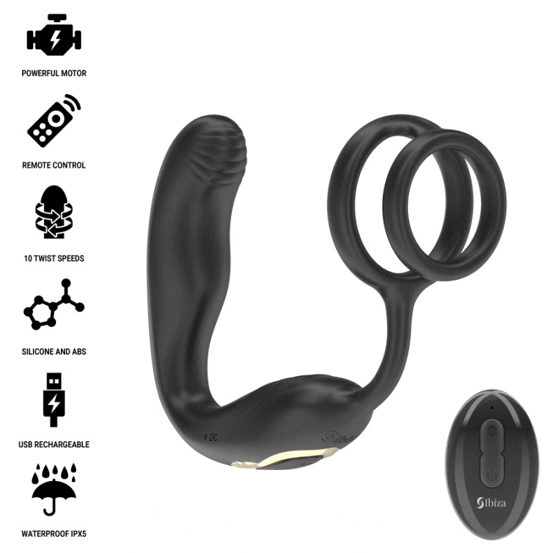 Ibiza - wiggle remote controlled rotating anal plug with perineal vibration and penis enhancing ring