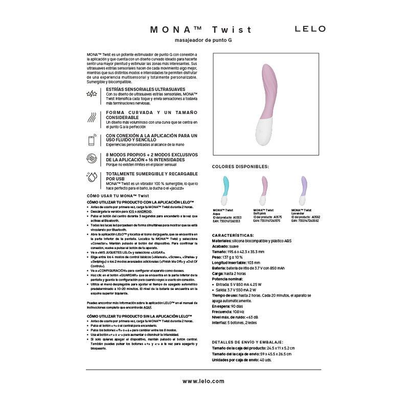 Lelo - mona twist rechargeable app-controlled g-spot vibrator lavender 9