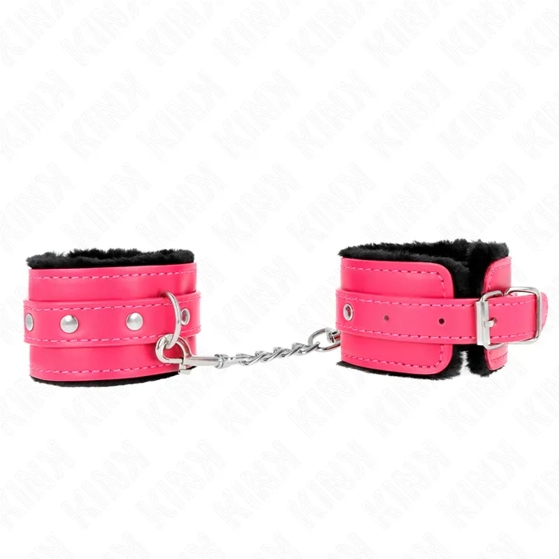 Kink - Premium Fur Lined Wrist Restraints Black With Raspberry Rose Belt Adjustable 17-29