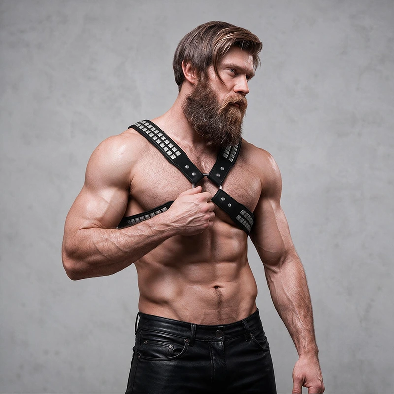 Fetish submissive attitude - mens crossed chest eco-leather harness with rivets 2