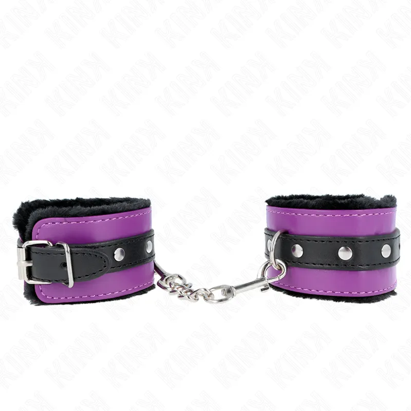 Kink - Premium Fur Lined Wrist Restraints Black With Purple / Black Belt Adjustable 17-29