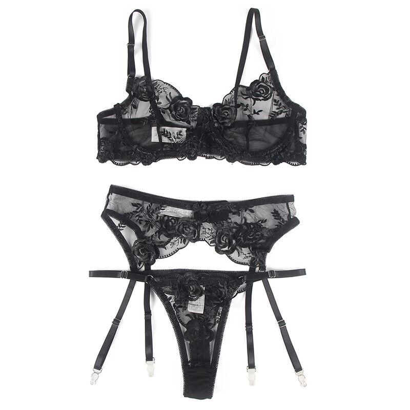 Subblime - set of 3 pieces bra + thong + garter floral print black s/m