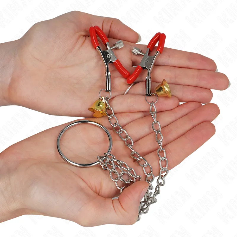 Kink - Bell Triple Nipple And Clit Clamps Red With Chain 30 Cm 1