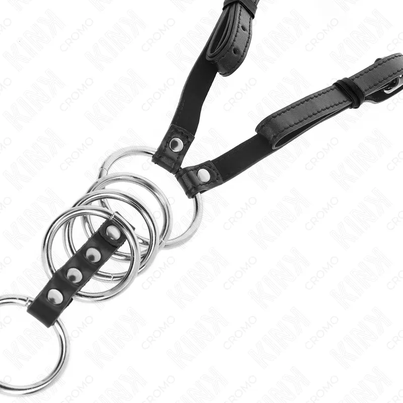 Kink - 5 penis rings 3.8 cm to 5 cm metal with leather belt 112 cm