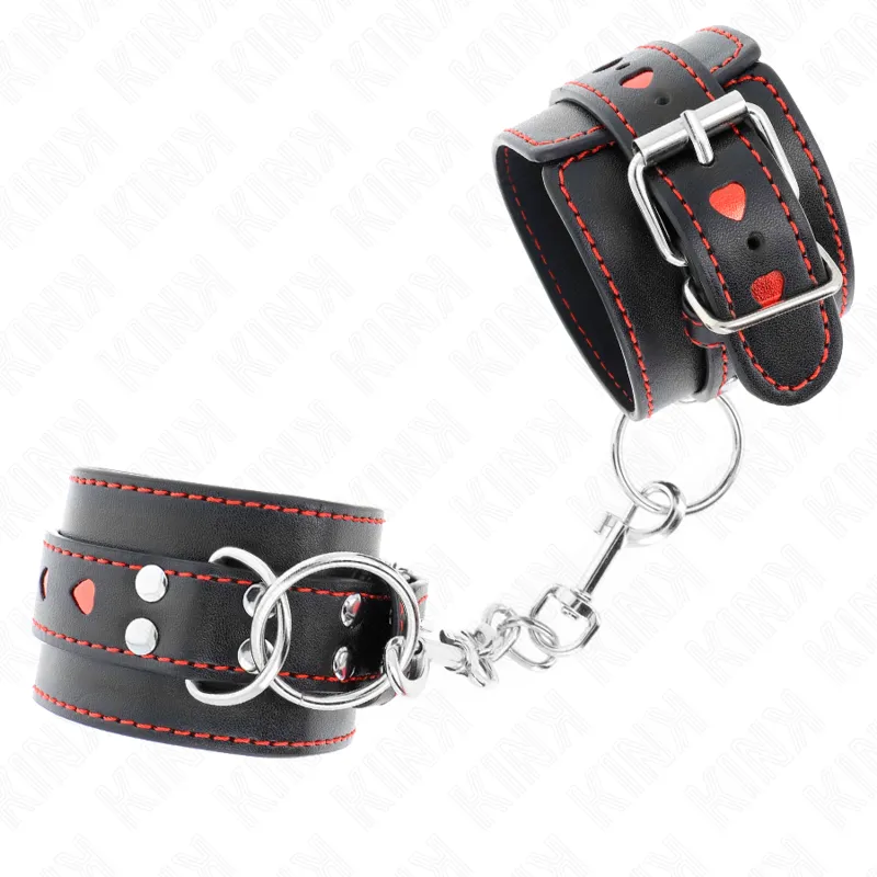 Kink - Black Wrist Restraints With Red Heart Inlay Adjustable 21-28 Cm X 5.5 Cm