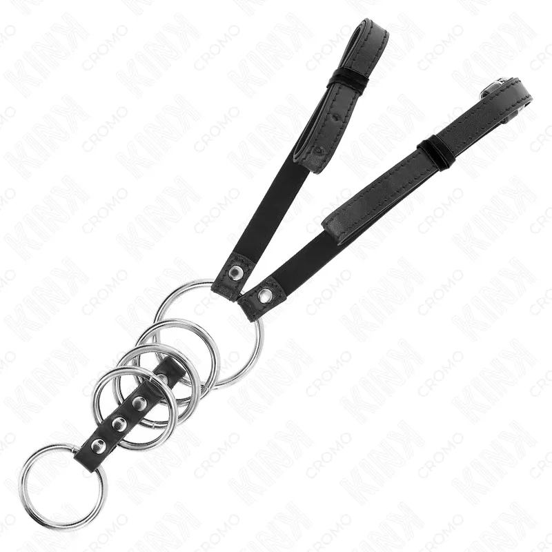 Kink - 5 penis rings 3.8 cm to 5 cm metal with leather belt 112 cm