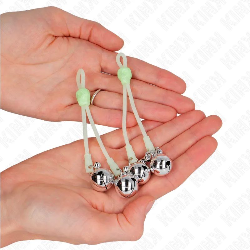 Kink - Luminous Skull Nipple Clamps With Ring Bells Adjustable Green / Silver 2