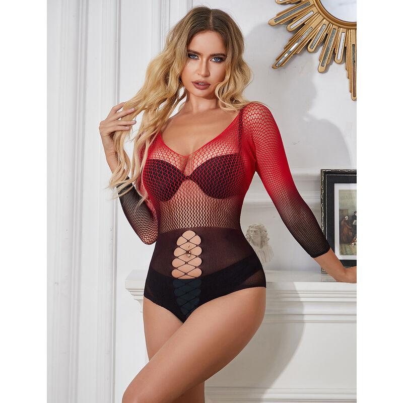 Subblime - 952259 red and black gradient long sleeve elastic fishnet bodystocking one size