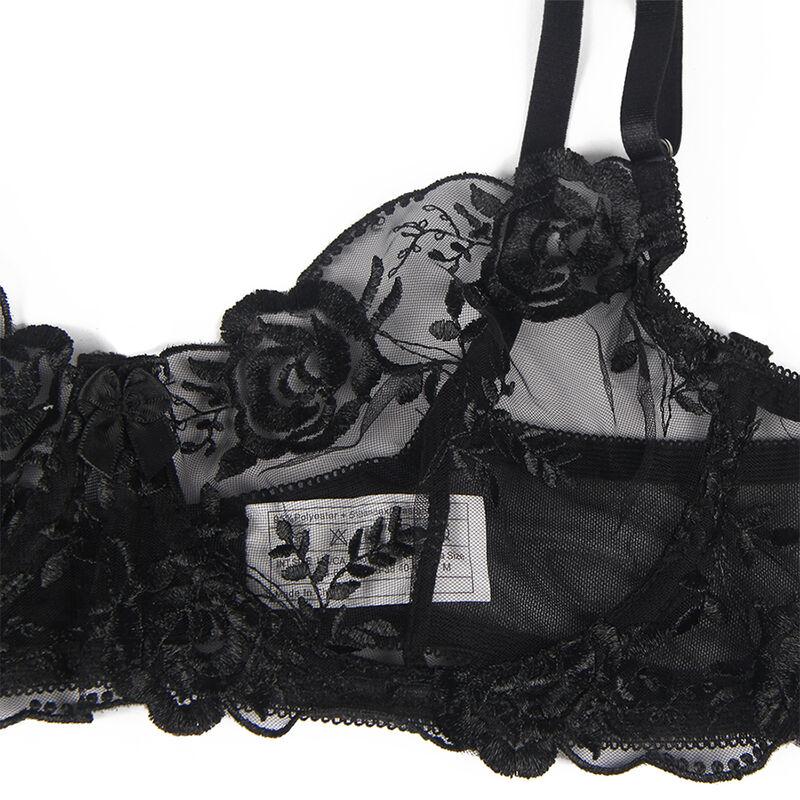 Subblime - set of 3 pieces bra + thong + garter floral print black s/m