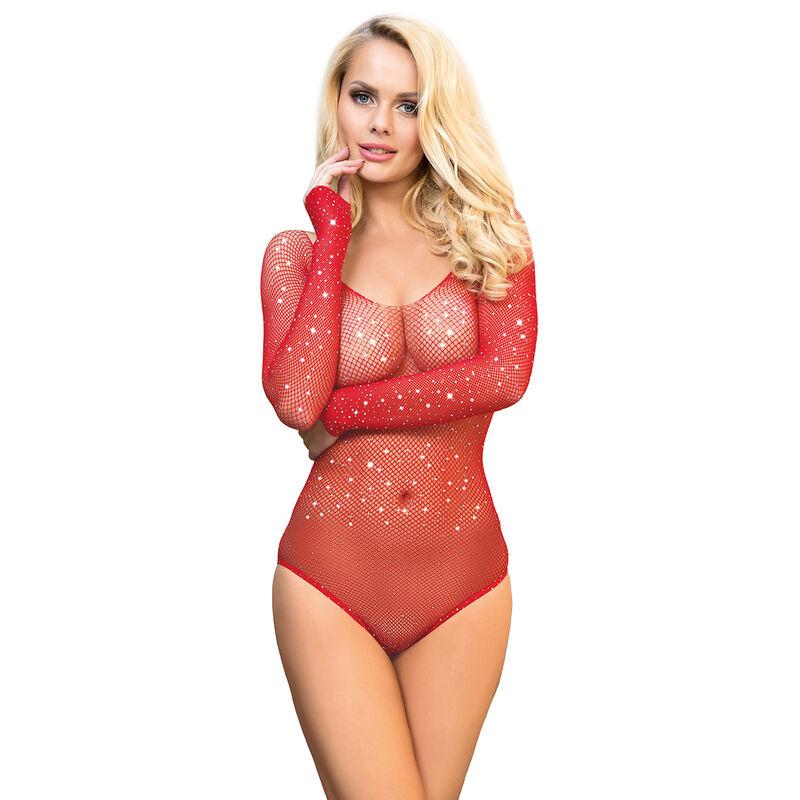 Subblime - 952303 shiny grill bodystocking with off shoulders long sleeve red one size