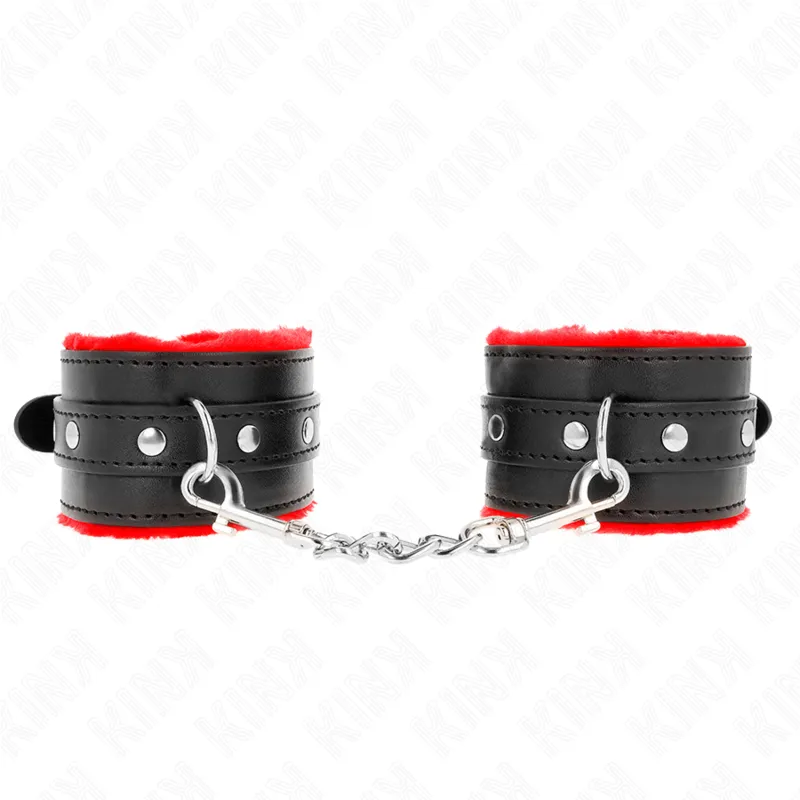 Kink - Premium Fur Lined Wrist Restraints Red With Black Belt Adjustable 17-29 Cm X 6 Cm