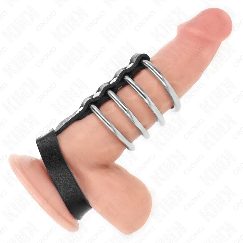 Kink - 4 metal penis rings 3.8 cm connected with leather strap 22 x 1.5 cm and pressure closure