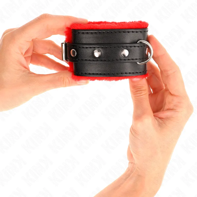 Kink - Premium Fur Lined Wrist Restraints Red With Black Belt Adjustable 17-29 Cm X 6 Cm 3