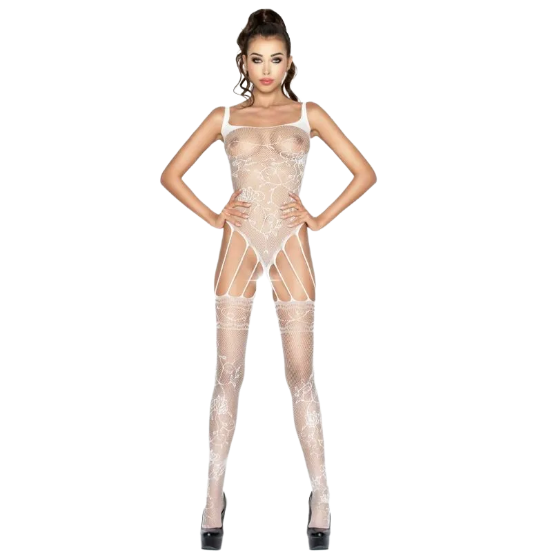 Passion Bs034 Bodystockings Biela - Sieťovaný Erotický Overál