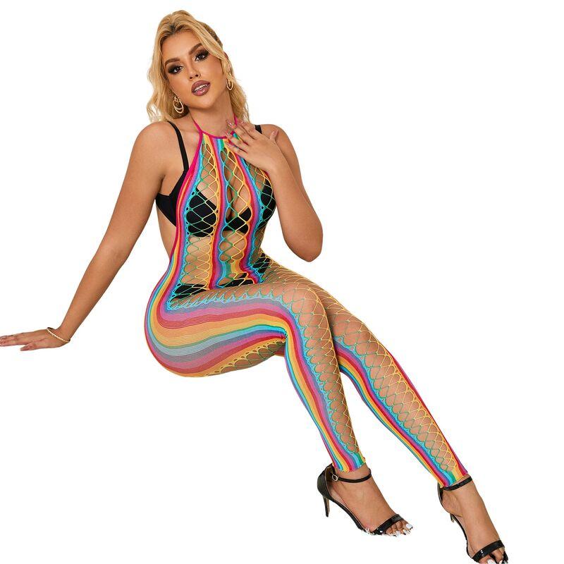 Subblime - 952358 rainbow halter neck fishnet bodystocking one size