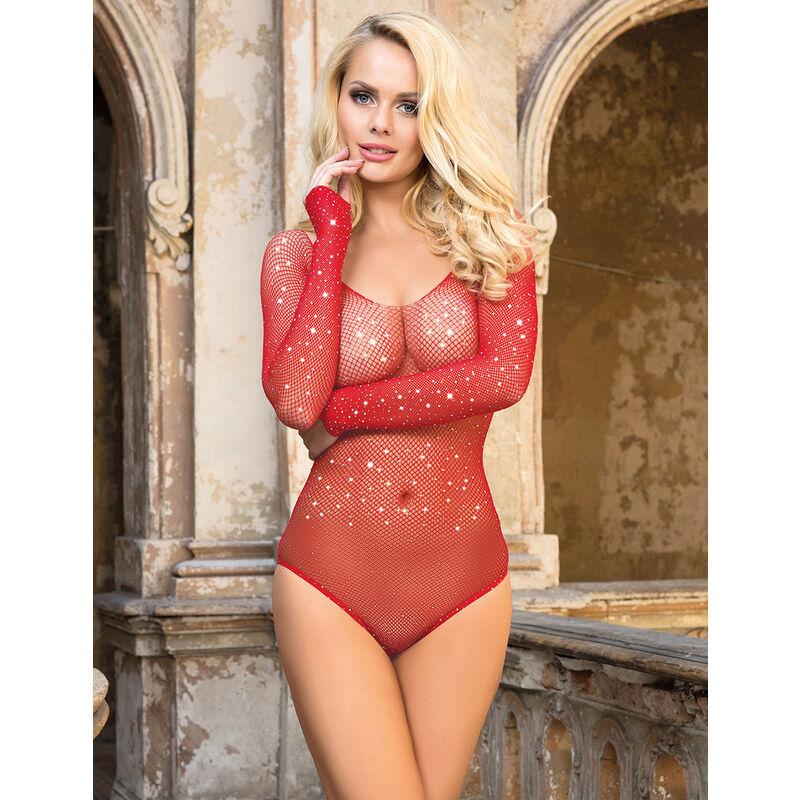 Subblime - 952303 shiny grill bodystocking with off shoulders long sleeve red one size