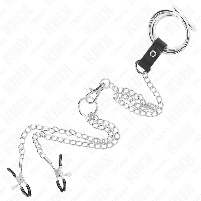 Kink - triple chrome metal penis ring 3.8 cm to 5 cm with 26 cm metal chain and nipple clamps model