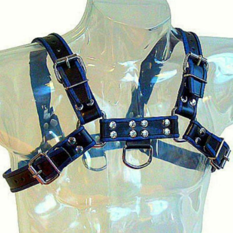 Metal Hard Chest Bulldog Harness Black/Blue Leather