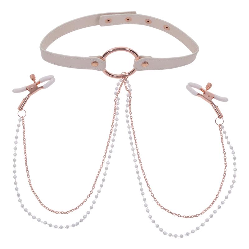 Sportsheets - S&M Peaches ‘N Creame Collar With Nipple Clamps Cream 4