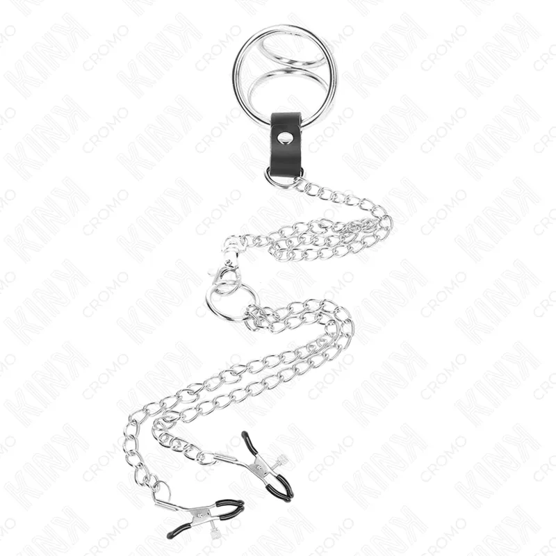 Kink - triple chrome metal penis ring 3.8 cm to 5 cm with 26 cm metal chain and nipple clamps model