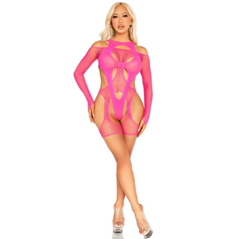 Leg avenue - fishnet bodystocking with garter belt and harness neon pink