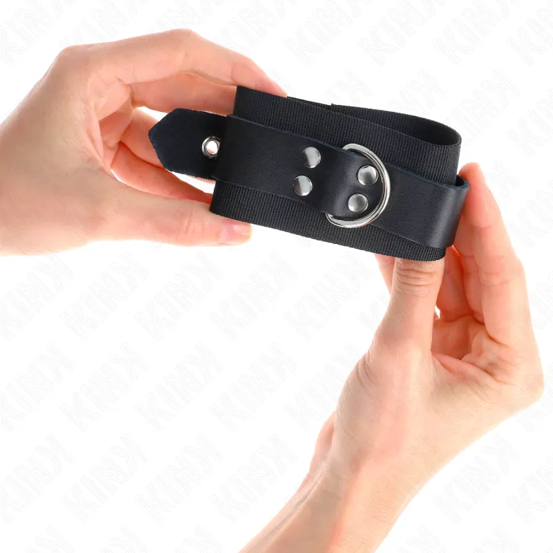 Kink - Nylon Wrist Restraints Black With Leather Belt Black Adjustable 19-29 Cm X 5.1 Cm 2