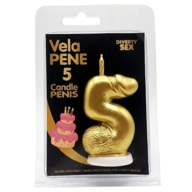 Diablo picante - penis candle in the shape of the number 5 gold color
