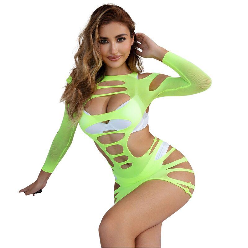 Subblime - 952280 green long sleeve elastic fishnet bodystocking one size