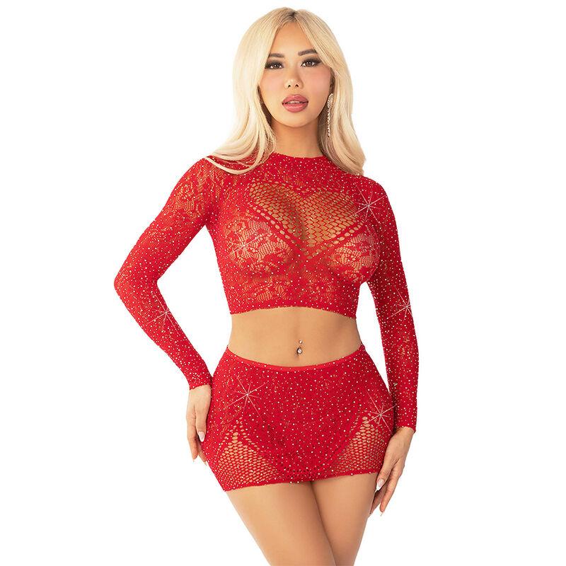 Leg avenue - shiny net crop + mini skirt red