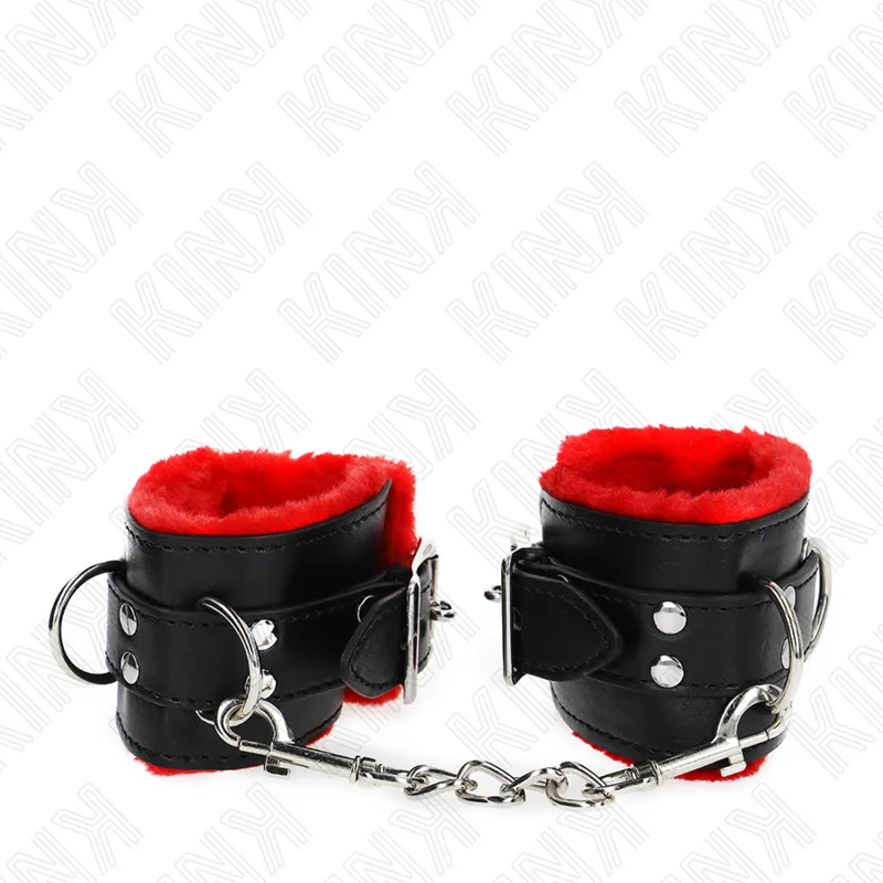 Kink - Fur Lined Wrist Restraints With Square Holes Red And Black Belt Adjustable 17-29 Cm