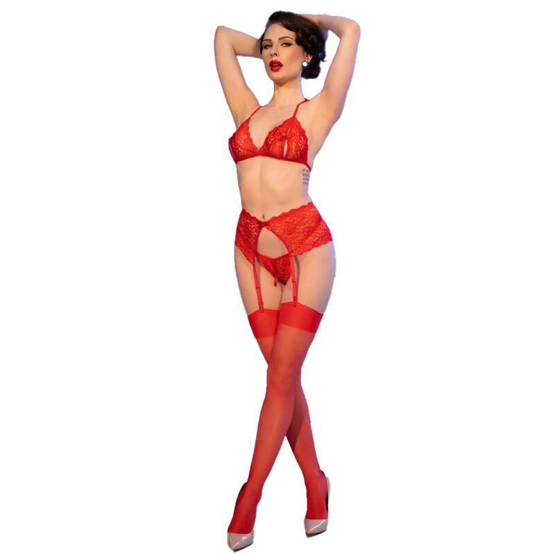 Chilirose - cr 4848 red lace bra + thong + stockings set m 3