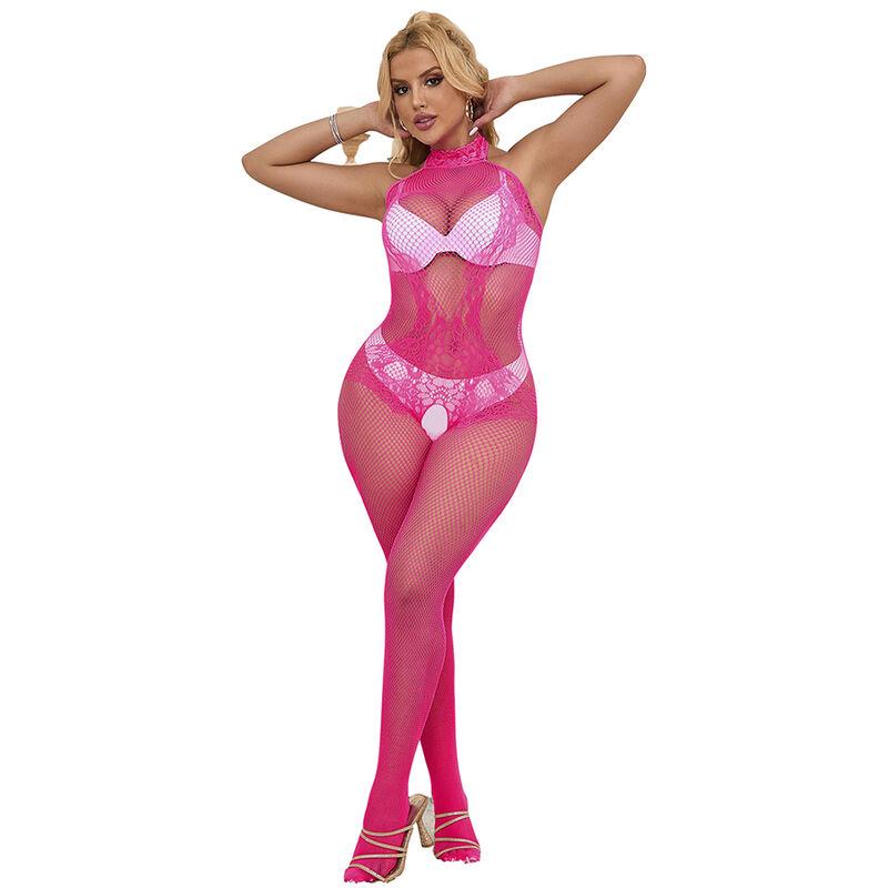 Subblime - 952389 fishnet and lace crotchless bodystocking with high neck pink one size