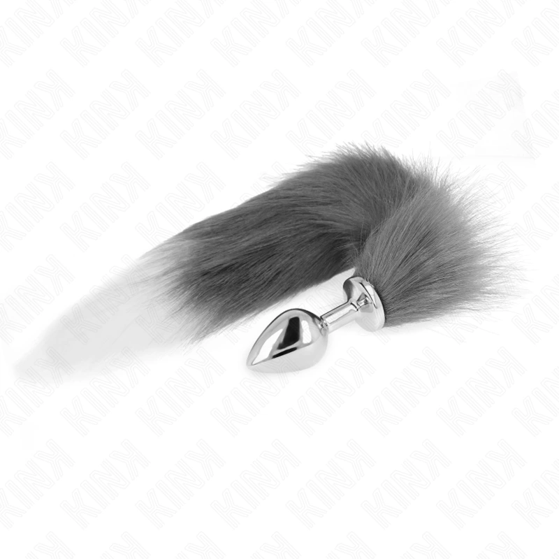 Kink - anal plug size m 8 x 3.5 cm with synthetic tail 40 cm grey and white 3