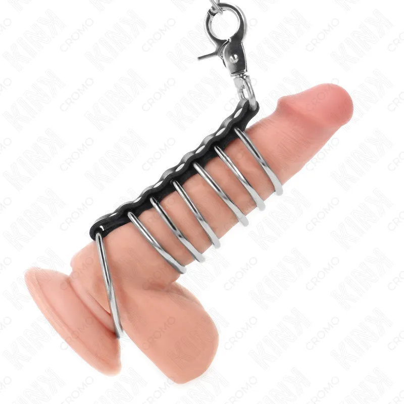 Kink - 7 metal penis rings 3.8 cm to 5 cm connected with leather and metal chain 100 cm