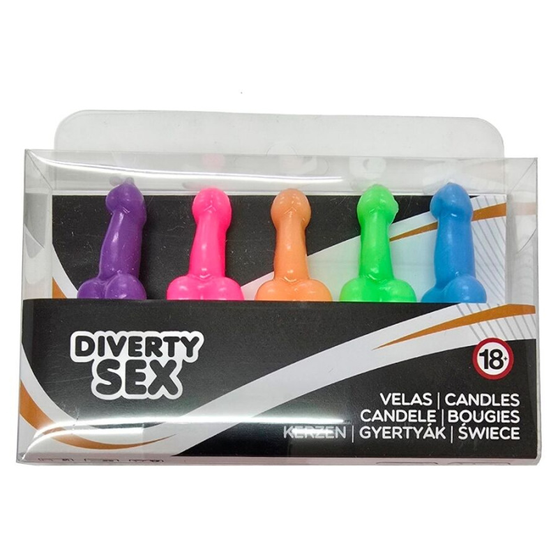 Diablo picante - box of 5 penis-shaped candles in different colors