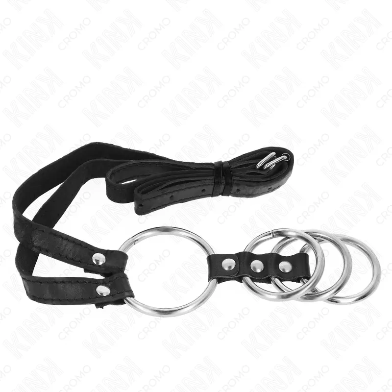 Kink - 4 connected metal penis rings 3.8 cm to 5 cm with leather belt 112 cm