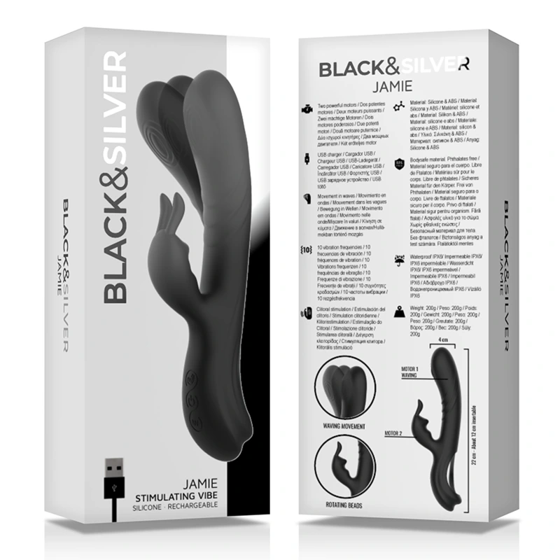 Black&silver - jamie rechargeable silicone rabbit stimulator black 5
