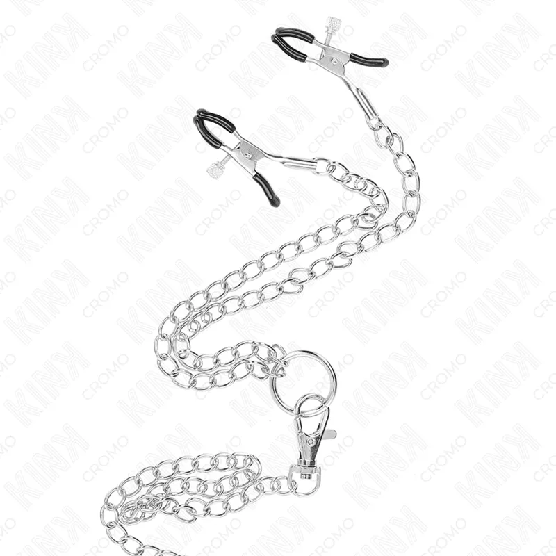 Kink - triple chrome metal penis ring 3 cm to 4.5 cm with 26 cm metal chain and nipple clips